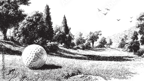 Close-up vector illustration of golf equipment on a golf course. This vector illustration can be used in any size you like for advertising, logos, and other work.