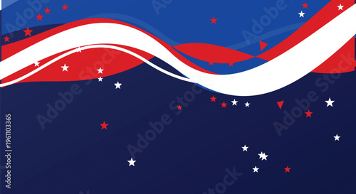 Patriotic abstract background with red white and blue wavy lines and stars representing national pride celebration and independence day festive theme