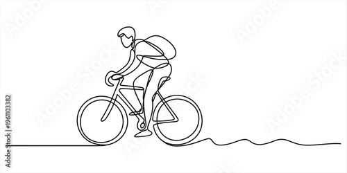 Single line drawing of a person riding a bicycle with a backpack on a white background Vector, illustration