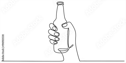 Continuous line drawing of a hand holding a beer bottle on a plain white background. Vector, illustration