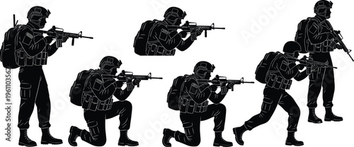 Black silhouette set of military soldiers in tactical gear with rifles standing kneeling and aiming isolated on white background for war.