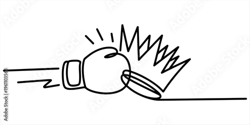 Continuous line drawing of a boxing glove hitting a royal crown symbolizing power struggle. Vector, illustration
