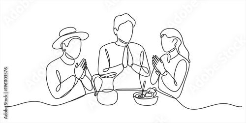 Group of people praying with hands together before having a meal in minimalist line art Vector, illustration