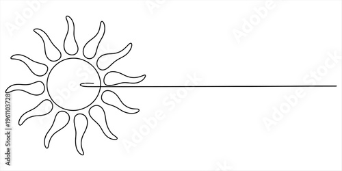 Continuous line drawing of a stylized sun with wavy rays on a white background Vector, illustration