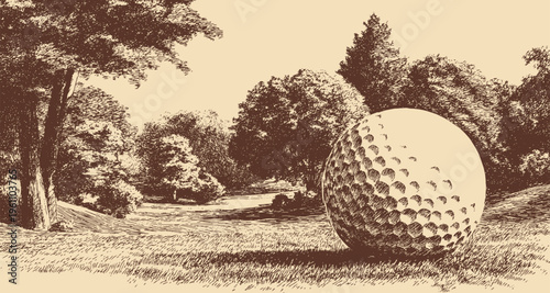 Close-up vector illustration of golf equipment on a golf course. This vector illustration can be used in any size you like for advertising, logos, and other work.