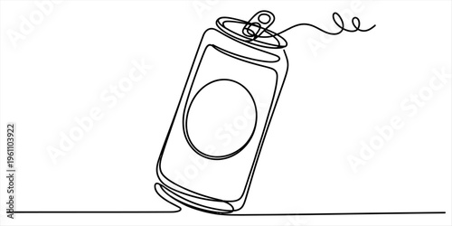 Continuous line drawing of an aluminum soda can with a pull tab on a white background. Vector, illustration