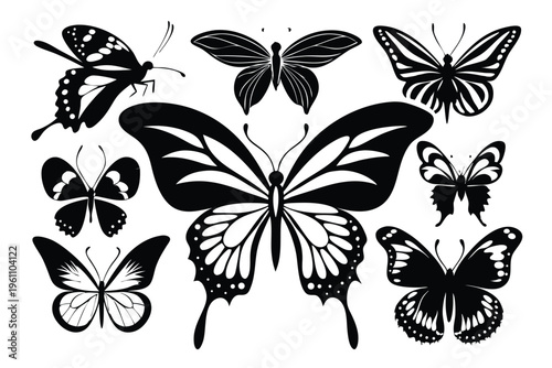 Elegant black and white butterfly silhouettes collection illustrating decorative butterfly designs on white background