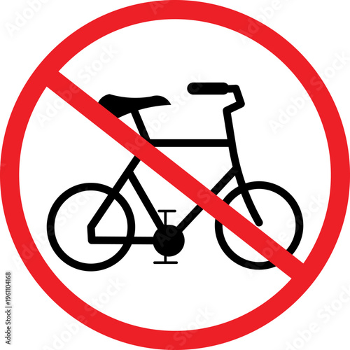 no bicycles sign icon with red prohibition circle and diagonal line on white background, 3d render