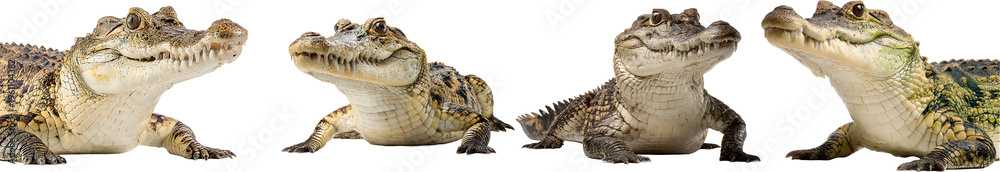 Fototapeta premium &nbsp;Four Crocodiles Resting Together on Dry Ground Isolated Wildlife Reptile Group Natural Texture Detailed Closeup Scene Photography
