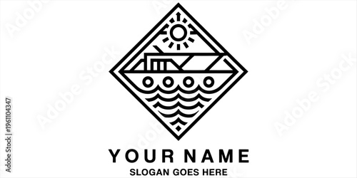 Minimalist diamond logo design featuring a ship on ocean waves under a bright sun. Vector, illustration