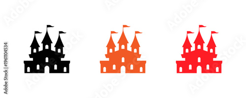Three stylized castle vector illustrations in varying shades