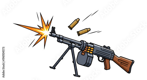 Cartoon machine gun firing rounds with bullet shells ammunition and burst effect isolated over white weapon illustration