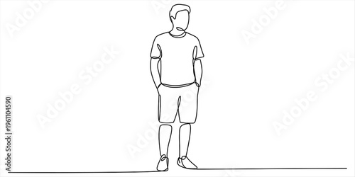 Continuous line drawing of a man standing with his hands in his pockets wearing casual clothes. Vector, illustration