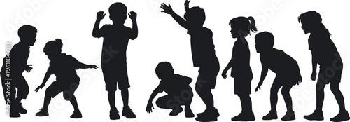 Children silhouettes playing, crouching and interacting in dynamic poses, kids group activity showing movement, fun and energy, childhood concept isolated