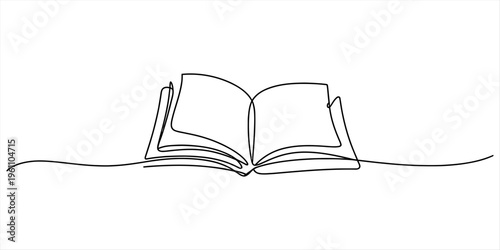 Continuous line drawing of an open book symbol for education and reading concepts. Vector, illustration