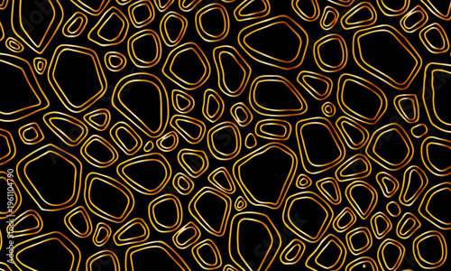 Irregular black and gold geometric cobblestone line art background. overlapping pattern.