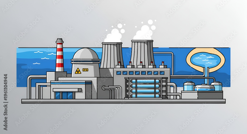 Fototapeta premium Cartoon nuclear power plant with cooling towers and reactor dome in gray with water cooling pond on a blue background illustration