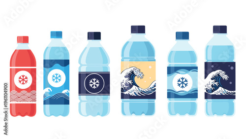 Collection of six plastic water bottles with unique label designs featuring blue waves and snowflakes representing cold refreshments.