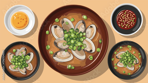 Top down view of multiple bowls of traditional clam soup garnished with chopped green onions and accompanied by a small sauce dish.