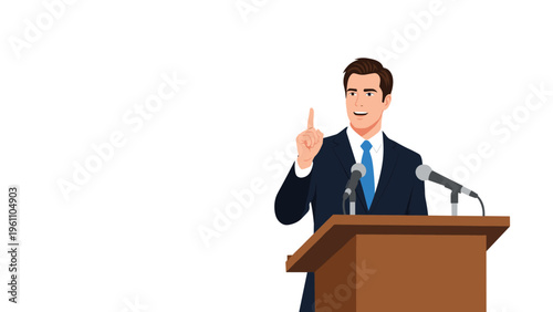 Professional businessman in a dark suit giving an important presentation or speech while standing behind a podium with microphones.