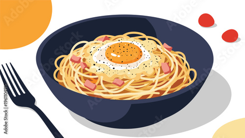 Delicious plate of spaghetti carbonara pasta topped with a perfectly fried egg and savory bits of ham in a stylized vector illustration.