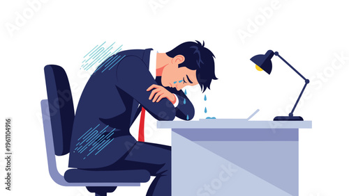 Stressed businessman in a suit sitting at his office desk with his head down and crying due to work pressure or professional failure.