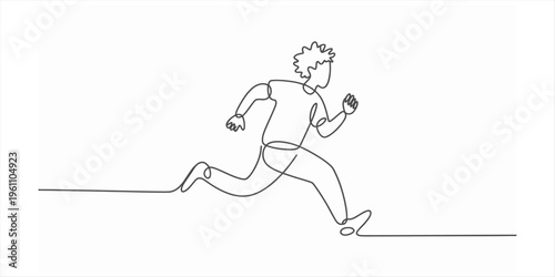 Continuous one line drawing of a young man running fast on a white background. Vector, illustration