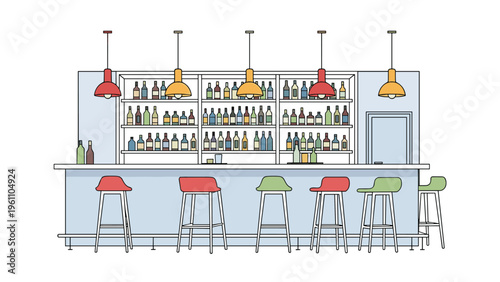 Modern and stylish bar counter interior featuring colorful stools, rows of assorted bottles on shelves, and warm hanging pendant lights.