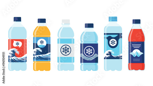 Group of six colorful plastic bottles with creative label designs incorporating Japanese wave patterns and snowflake symbols for drinks.