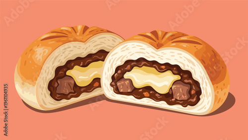 Close up view of a soft baked bun sliced in half to reveal a delicious and savory meat filling with melted cheese inside the pastry.