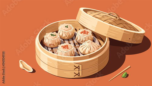 Traditional bamboo steamer basket filled with various types of Chinese dim sum and dumplings with the lid partially open on the side.