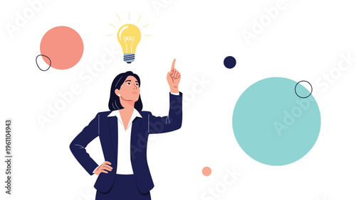 Professional businesswoman in a suit pointing her finger up towards a glowing yellow light bulb representing a brilliant new idea.