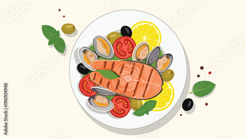 Nutritious plate of grilled salmon steak accompanied by fresh clams, olives, tomatoes, and lemon slices viewed from a top down perspective.