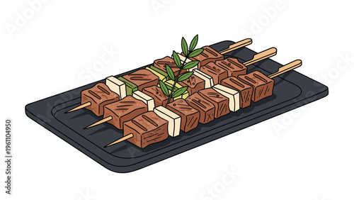 Three skewers of grilled beef cubes with green bell peppers and white onions served on a sleek black rectangular plate in vector style.