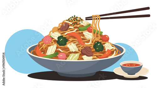 Large bowl of flavorful yakisoba fried noodles mixed with various vegetables and meat being picked up by dark wooden chopsticks.