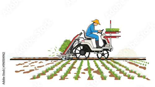 Professional farmer operating a modern white rice planting machine in a muddy field to automate the agricultural process efficiently.