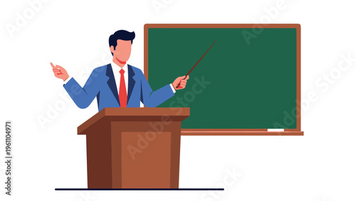 Male teacher or professor standing behind a wooden podium and pointing with a stick towards a large blank green school chalkboard.