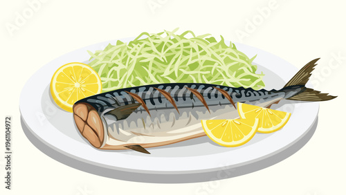 Traditional Japanese dish of grilled mackerel fish served on a white plate with a side of shredded cabbage and fresh lemon slices.
