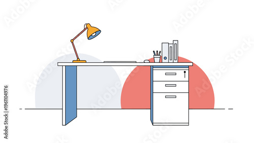 Minimalist office workspace design featuring a white desk with a yellow lamp, storage drawers, and files on a clean white background.