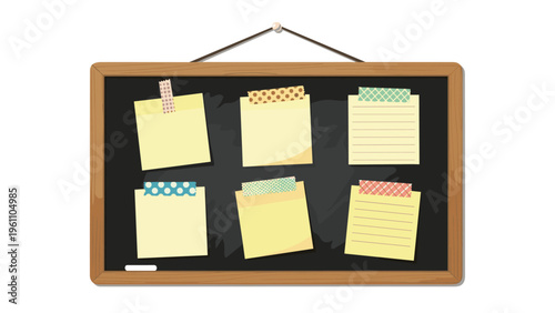 Wooden framed blackboard featuring six yellow sticky notes attached with different patterns of decorative washi tape on the surface.