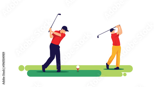 Two male golfers in red shirts practicing their golf swings on a green field in a clean and modern flat vector illustration style.