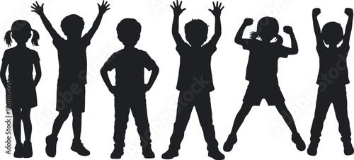Children silhouettes with raised hands and playful poses, happy kids group expressing joy and energy, childhood activity concept isolated on white