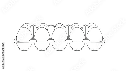 Simple black and white line drawing of a standard egg carton containing ten fresh eggs in a clean and minimalist perspective view.