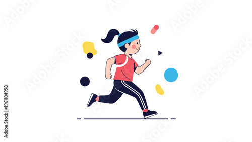 Active young girl with a ponytail and headband jogging with various colorful abstract shapes in the background for a fitness theme.