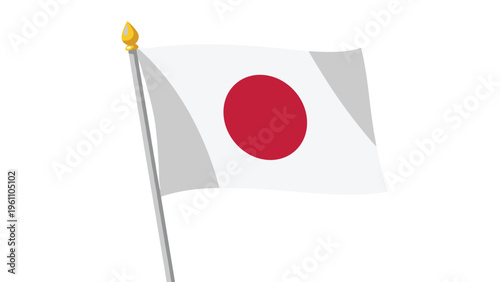 National flag of Japan featuring the red sun symbol on a white background waving on a silver flagpole for cultural representation.