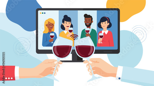 Group of friends having an online video call for a toast with glasses of red wine during a remote gathering on a computer screen.