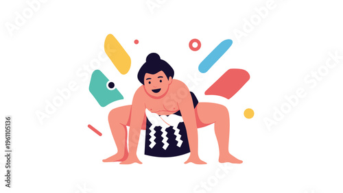 Strong sumo wrestler in a traditional pose preparing for a match with colorful abstract shapes in the background.
