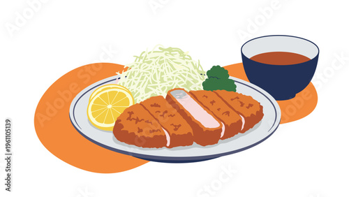 Crispy breaded tonkatsu pork cutlet served with shredded cabbage lemon slices and a side of dipping sauce on a white plate.