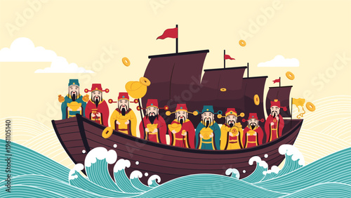 Seven Lucky Gods of Japan sailing on a treasure ship through ocean waves to bring good fortune and wealth for the new year.