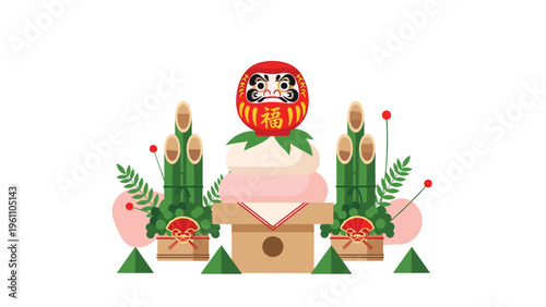 Traditional Japanese New Year decorations including kagamimochi rice cakes and kadomatsu bamboo arrangements on white background.